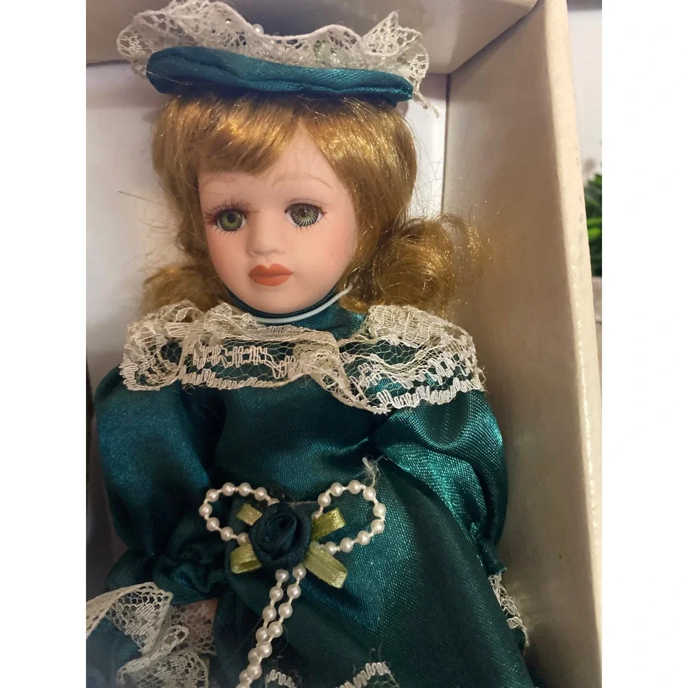 Genuine Hand Painted Porcelain Doll Teal Dress White Lace Trim Collector  426171